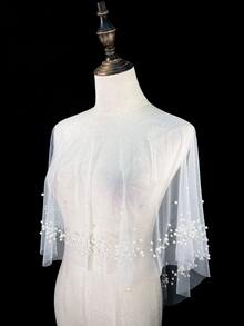 1pc Bridal Hair Clip With Pearls & Netting Design, Spring & Autumn, Ivory White; Perfect For Wedding Dress Accessories, Shawl, Cover Up, And Sun Protection - White - View 3