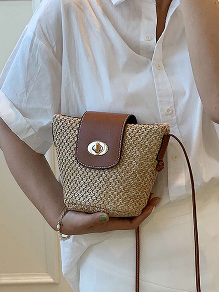 Mini Twist Lock Straw Bucket Bag, Beach Essentials Women Bags For Vacation & Holiday