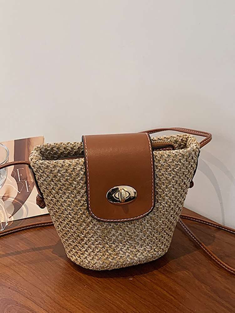 Mini Twist Lock Straw Bucket Bag, Beach Essentials Women Bags For Vacation & Holiday