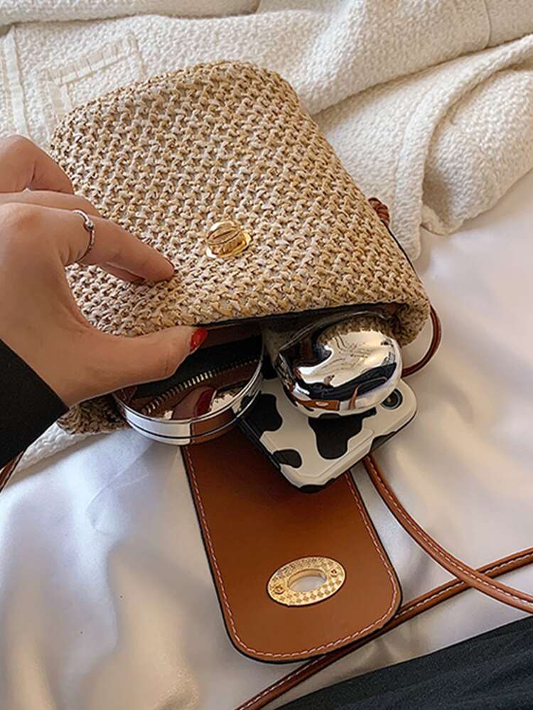 Mini Twist Lock Straw Bucket Bag, Beach Essentials Women Bags For Vacation & Holiday