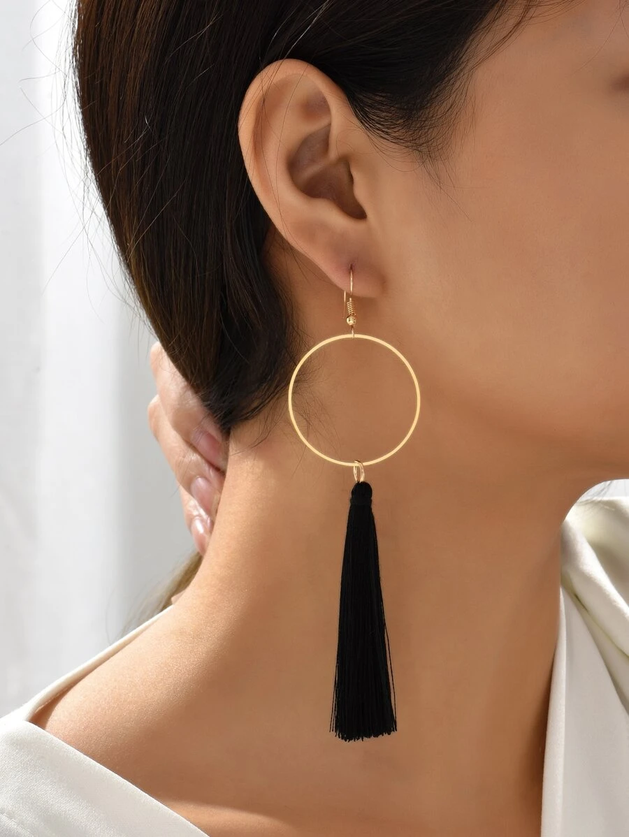 Circle & Tassel Drop Earrings - Black - View 1