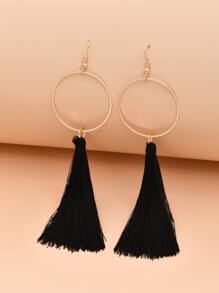 Circle & Tassel Drop Earrings - Black - View 2