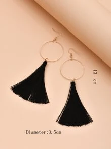Circle & Tassel Drop Earrings - Black - View 3