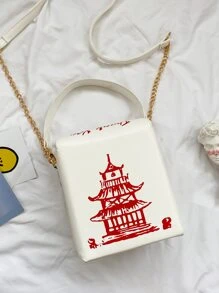 Fashion Crossbody Shoulder Bag, i5 Chinese Takeout Box Purse with Comfortable Chain Strap Mini Colorblock Letter Graphic Square Bag - Multicolor - View 5