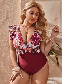 SHEIN Swim Curve Plus Size Plant Print Ruffle Trim One Piece Swimsuit Summer - Red - View 1