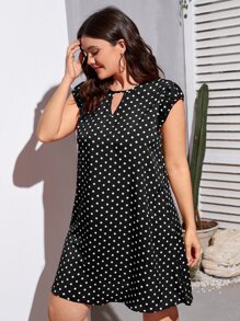SHEIN VCAY Plus Polka Dot Print Keyhole Neckline Butterfly Sleeve Dress - Black - View 3