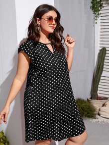 SHEIN VCAY Plus Polka Dot Print Keyhole Neckline Butterfly Sleeve Dress - Black - View 5