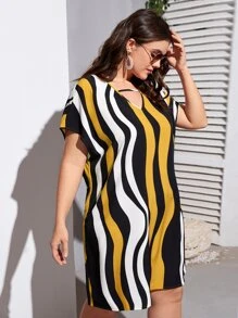 SHEIN LUNE 大碼塊狀條紋蝙蝠袖連衣裙 - 彩色 - 查看 4