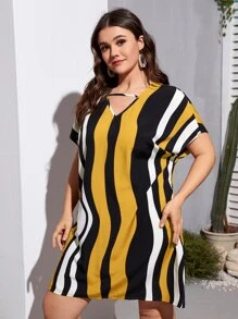 SHEIN LUNE 大碼塊狀條紋蝙蝠袖連衣裙 - 彩色 - 查看 5