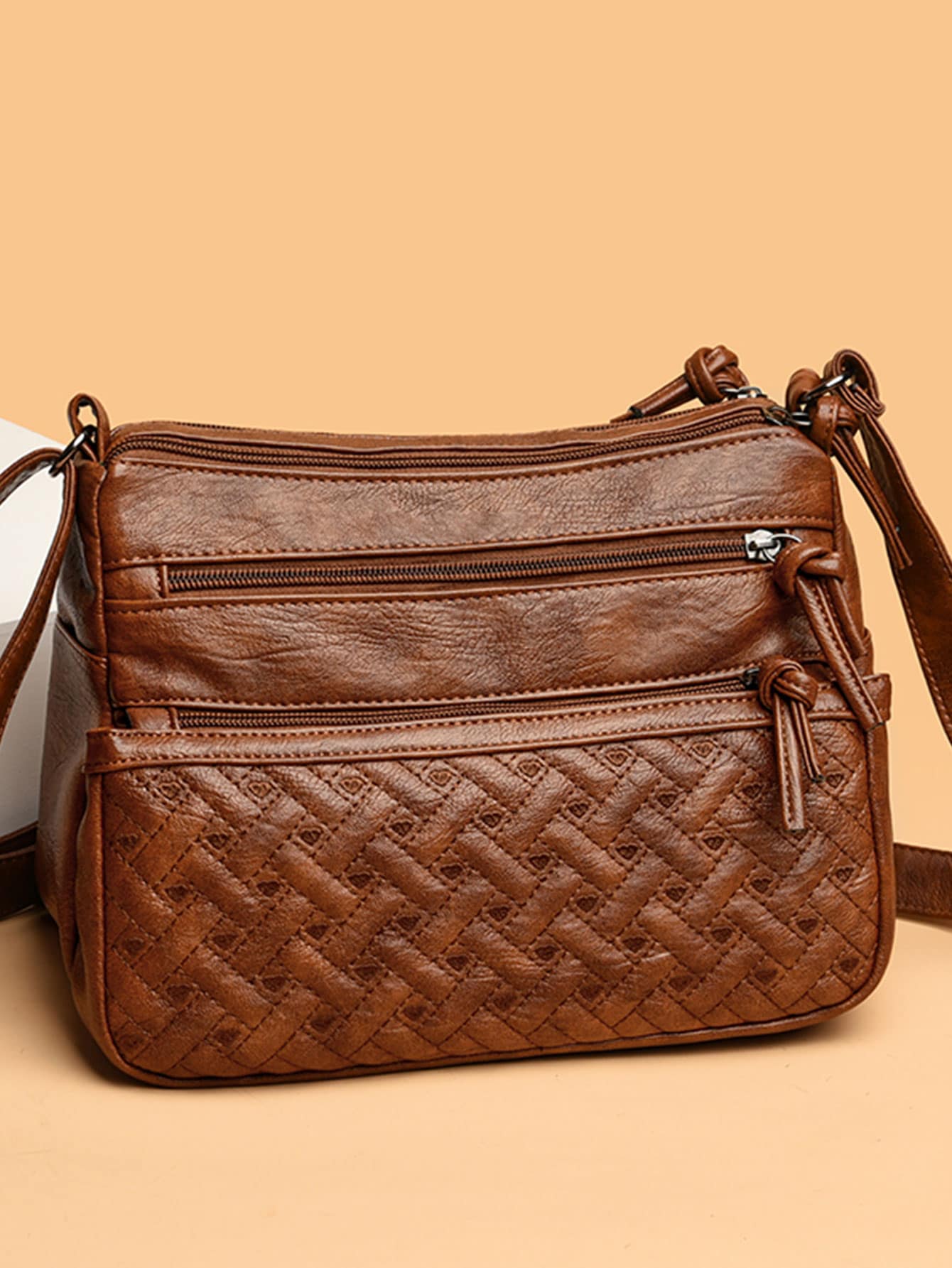 Heart Detail Zip Front Square Bag - Brown - View 1