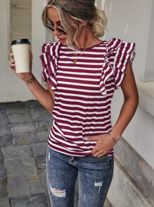 SHEIN LUNE Striped Butterfly Sleeve Tee - Red and White - View 1