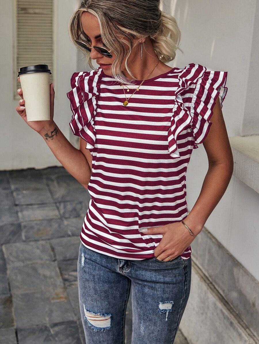 SHEIN LUNE Striped Butterfly Sleeve Tee - Red and White - View 1
