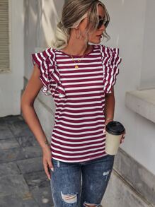 SHEIN LUNE Striped Butterfly Sleeve Tee - Red and White - View 3