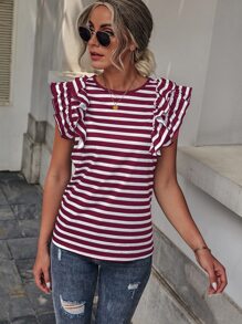 SHEIN LUNE Striped Butterfly Sleeve Tee - Red and White - View 4