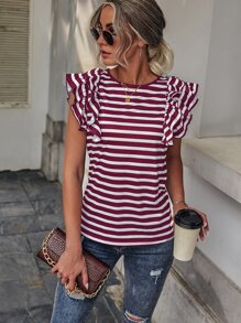 SHEIN LUNE Striped Butterfly Sleeve Tee - Red and White - View 5