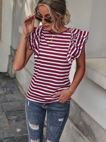 SHEIN LUNE Striped Butterfly Sleeve Tee - Red and White - View 6
