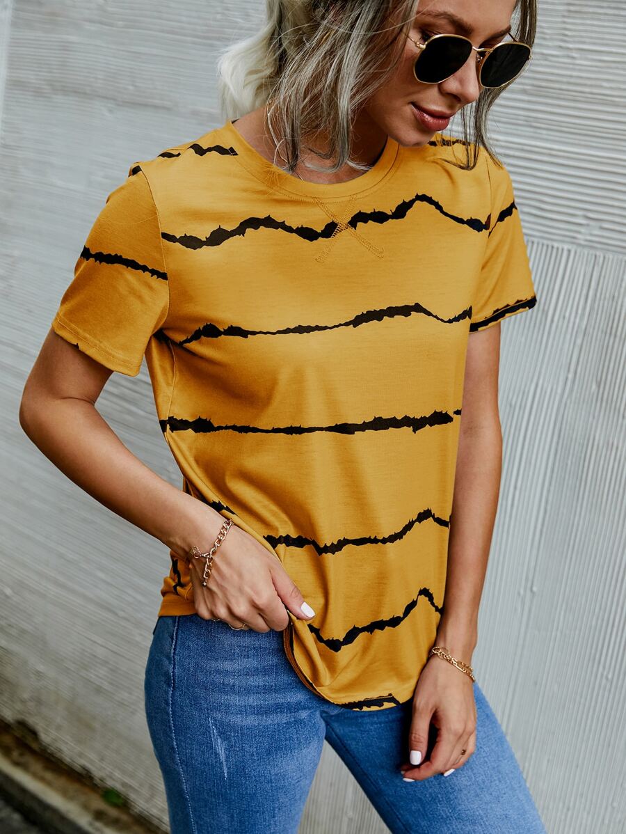 SHEIN LUNE 條紋圓領T恤 - 黃色 - 查看 1