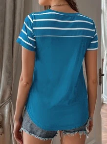 SHEIN LUNE Striped Pocket Front Tee - Blue - View 2