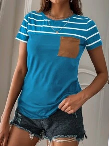 SHEIN LUNE Striped Pocket Front Tee - Blue - View 5