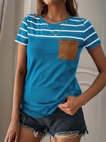 SHEIN LUNE Striped Pocket Front Tee - Blue - View 6
