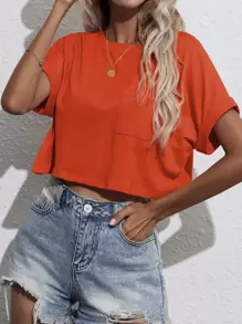 SHEIN Unity Camiseta de manga corta casual, suelta y de cuello redondo deunicoloro, para verano - Naranja Quemada - Ver 1