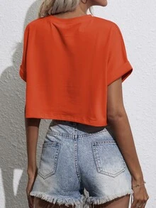 SHEIN Unity Camiseta de manga corta casual, suelta y de cuello redondo deunicoloro, para verano - Naranja Quemada - Ver 2