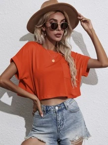 SHEIN Unity Camiseta de manga corta casual, suelta y de cuello redondo deunicoloro, para verano - Naranja Quemada - Ver 4