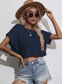 SHEIN Unity Batwing Sleeve Pocket Patched Crop Tee - Navy Blue - View 3