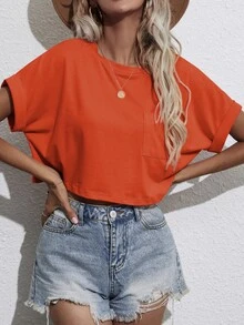 SHEIN Unity Camiseta de manga corta casual, suelta y de cuello redondo deunicoloro, para verano - Naranja Quemada - Ver 5