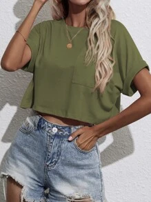 SHEIN Unity Camiseta corta de manga murciélago con parche de bolsillo - Verde militar - Ver 1