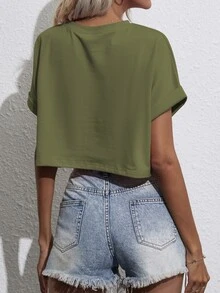 SHEIN Unity Camiseta corta de manga murciélago con parche de bolsillo - Verde militar - Ver 2