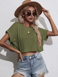 SHEIN Unity Camiseta corta de manga murciélago con parche de bolsillo - Verde militar - Ver 3