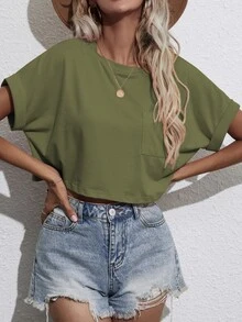 SHEIN Unity Camiseta corta de manga murciélago con parche de bolsillo - Verde militar - Ver 6
