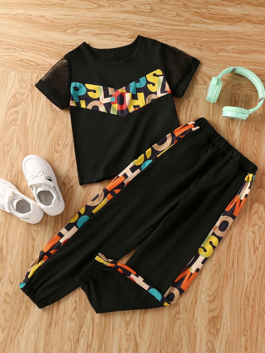 Bộ hai mảnh Gái Tương phản Mesh Lá thư Thể thao - màu đen - Xem 1