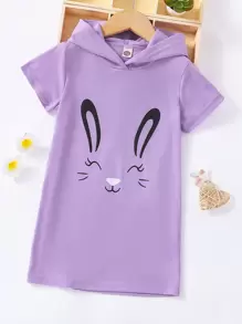 SHEIN Niñitas Vestido estilo camiseta con estampado de conejo con capucha - Lila Púrpura - Ver 1