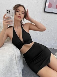 SHEIN ICON 圍裹後綁帶掛脖上衣和開衩短裙 - 黑色 - 查看 5