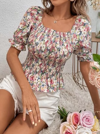 SHEIN LUNE Floral Print Puff Sleeve Shirred Peplum Blouse Peplum Top