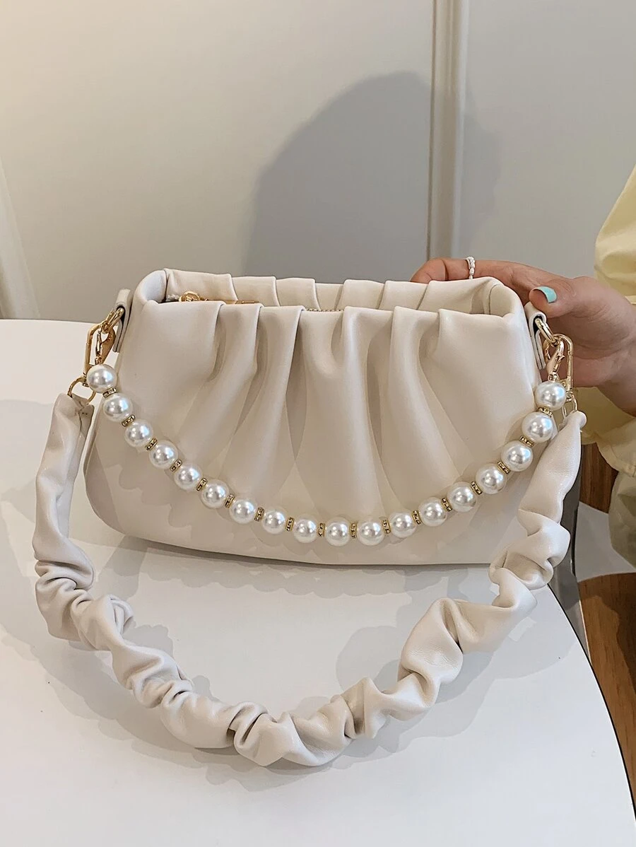 Faux Pearl Decor Ruched Bag - Beige - View 1