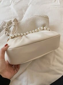 Faux Pearl Decor Ruched Bag - Beige - View 4