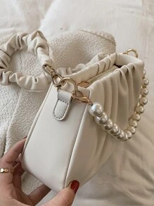 Faux Pearl Decor Ruched Bag - Beige - View 5