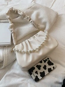Faux Pearl Decor Ruched Bag - Beige - View 7