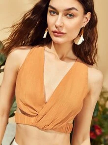 SHEIN 素色鏤空交疊領短款背心 - 橘色 - 查看 5