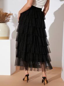 Modelyn Dobby Mesh Layered Hem Skirt - Black - View 2