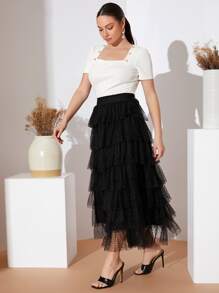 Modelyn Dobby Mesh Layered Hem Skirt - Black - View 4