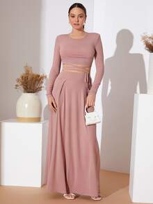 Mulvari Bộ đồ hai mảnh nữ Hội Chữ thập Thắt nơ trước màu trơn Thanh lịch - Bụi hồng - Xem 5