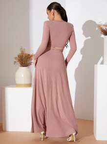 Mulvari Bộ đồ hai mảnh nữ Hội Chữ thập Thắt nơ trước màu trơn Thanh lịch - Bụi hồng - Xem 2