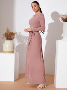 Mulvari Bộ đồ hai mảnh nữ Hội Chữ thập Thắt nơ trước màu trơn Thanh lịch - Bụi hồng - Xem 6