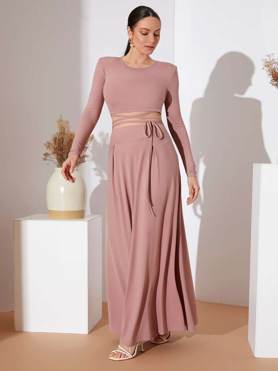 Mulvari Bộ đồ hai mảnh nữ Hội Chữ thập Thắt nơ trước màu trơn Thanh lịch - Bụi hồng - Xem 1