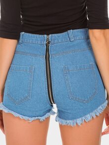 紐扣門襟後拉鏈破洞毛邊緣牛仔短褲 - 中等水洗藍 - 查看 1