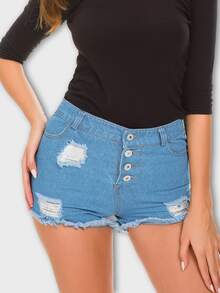 紐扣門襟後拉鏈破洞毛邊緣牛仔短褲 - 中等水洗藍 - 查看 2